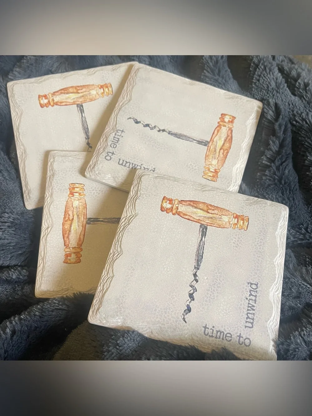 French Graffiti Coasters Time To Unwind Set of 4 ceramic Cork Wine Patio Deck
